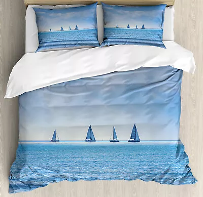 Nautical Duvet Cover Set With Pillow Shams Sailing Boat On Ocean Print • £67.55