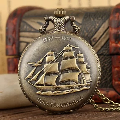 Antique Bronze Sailing Canvas Boat Ship Necklace Chain Quartz Pocket Watch Gift • $5.71