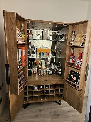Bar Drinks Cabinet Oak Wood With Mirror And Lights • £900