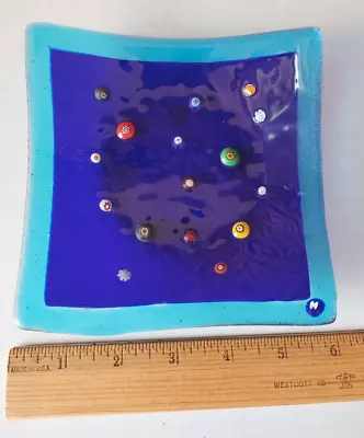 Murano Millefiori Fused Glass Trinket Tray Plate Dish Blue 5.5  Square • $19.99