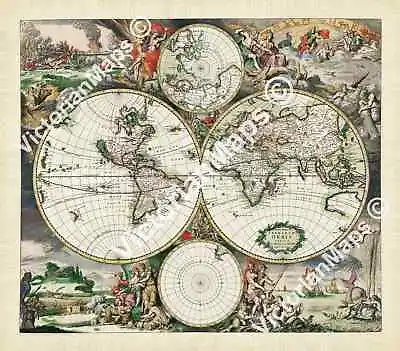 Historical 17th Century World Map Monsters Gods Schagen / De Wit 1689 Art Poster • £42.30