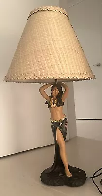 Stunning Vintage Hawaiian Girl Dancer Table Lamp Tiki Weave Shade 33.5”h • $1285