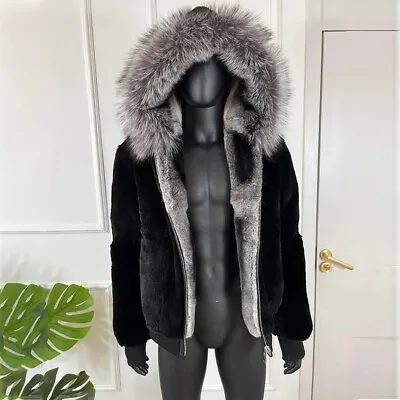 Men Real Rex Rabbit Fur Coat Trim Fox Fur Hood Jacket Winter Outwear Chinchilla • $530.51
