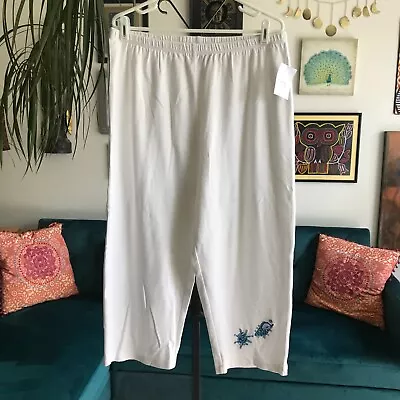 QUACKER FACTORY Sz L White Cotton Knit Pull-On Stretch Waist Cropped Pants NEW • $19.99