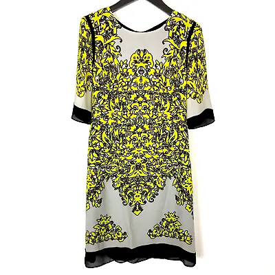 Milly Women Silk Mini Dress Short Sleeve Gray Yellow Print 0 • $25.49