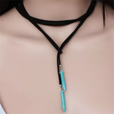 Bohemian Style Leather Sweater Chain Necklace For Women Turquoise Stone Pendant • $13.68
