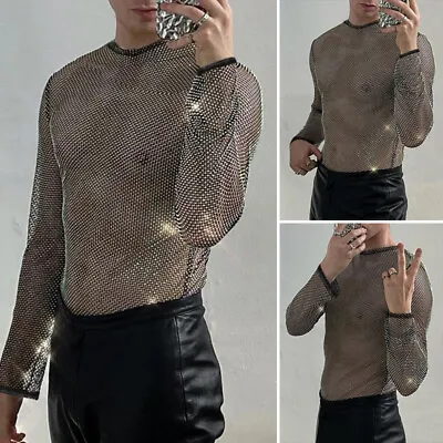 Mens Long Sleeve Crew Neck Fishnet Mesh T Shirts Sexy Clubwear Party Blouse Tops • £11.39