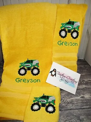 Monster Truck With Teeth Personalized 3 Piece Bath Towel Set  Any Color • $28