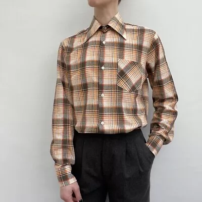 Vintage 1970s Triola Plaid Check Shirt Orange Brown  No Size Tag  • £22