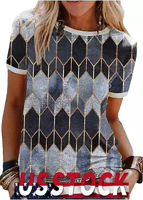 Orq Geometric Patten Patchwork Short-sleeved T-shirt Woment Tops Casual Clothes • $13.79