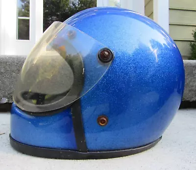 Vintage Silver Metal Flake 1970s XL Motorcycle Helmet 1979 Blue GOOD INSIDE COND • $94.99