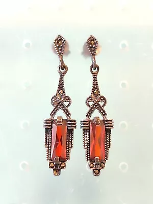 Vintage Sterling Silver Art Deco Style Red Glass & Marcasite Dangle Earrings • $28.70