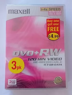 Maxell DVD+RW 4.7GB 120 Min Video Brand New & Sealed 3 Pack Discs High Quality • £9.99