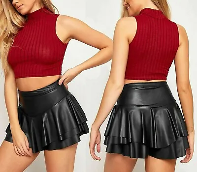 £9.95 • Buy Black Wet Look Layered Frill Pu Rara Stretch Party Skirt Skorts Mini Pvc Shorts.