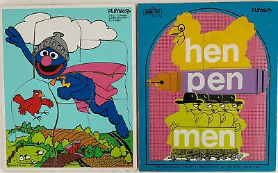 Set Of 2 VTG Playskool Sesame Street  Wood Puzzles -SUPER GROVER And HEN PEN MEN • $12.50