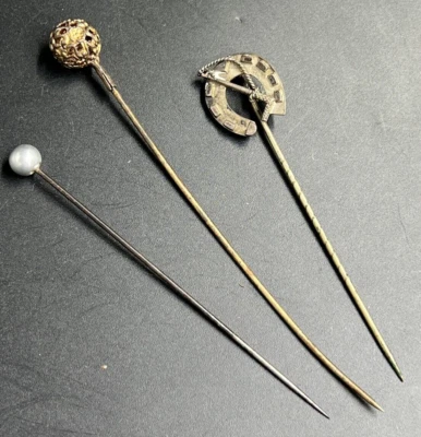 £22 • Buy Antique Silver Pin Hat Or Lapel X 3 Victorian Horseshoe & Riding Crop & Pearl