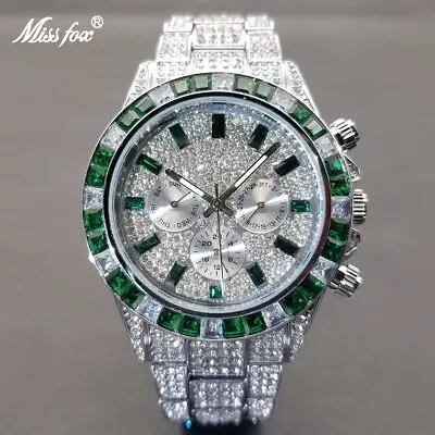 MISSFOX Men's Ice Out Watch Green CZ Diamond Stainless Steel Waterproof Gift NEW • £82.99