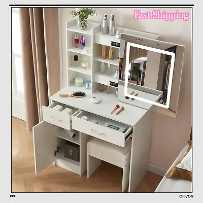 Bedroom Vanity Table With LED Lights Mirror Dressing Makeup Desk + Stool Set UK • £148.77