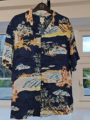 Mens H&M Hawaiian Shirt Blue Palm Tree Sunset Surf Beach Party Holiday Stag  • £7.99