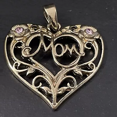Gold Tone Pink Rose Flower Heart Shape Mom Pendant • $25