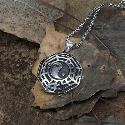 Mens Stainless Steel Protection Amulet Yin Ying Yang Pendant Necklace Men Gift • £10.79
