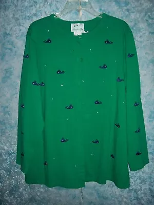 Quacker Factory Embroidered Rhinestones Whale Cardigan 1X Green 100% Cotton • $17.99