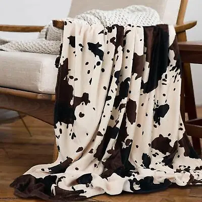 Cow Print Blanket Animal Brown Black Milky White Faux Fur Throw Blankets Western • £34.05