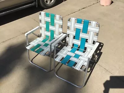 2 Vintage Aluminum Folding Webbed Beach Camp Lawn Deck Chairs Blue/Green Sunbeam • $59.95