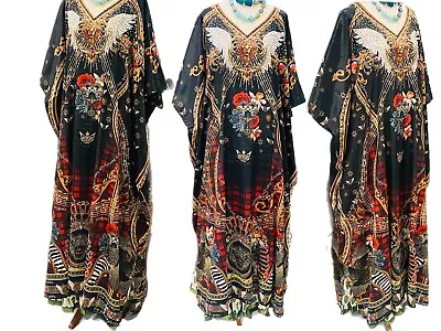 Au 24-30 New Women Heavily Embellished Designer Long V Neck Silk Crepe Kaftan • $79