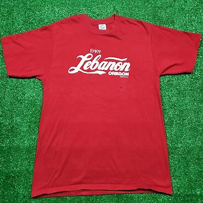 Vintage 90’s Enjoy Lebanon Oregon Coca Cola T-Shirt Red Size Large Jerzees USA • $20