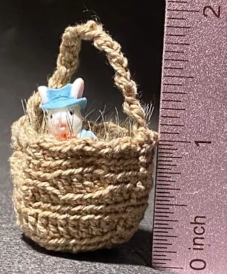 Dollhouse Miniature Basket With Bunny Top Hat Rabbit Handmade - Hand Crocheted • $23.99