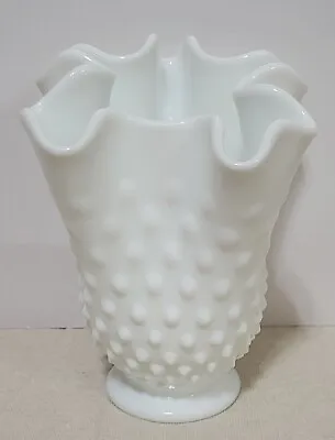 Vintage Fenton Hobnail Milk Glass Handkerchief Wave Swung Footed Vase 6  • $23.96