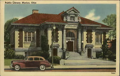 Public Library Marion Ohio ~ Vintage Car ~ Red Tile Roof ~ 1930s Postcard • $2.65