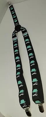 Suspenders Novelty Black With Robin Egg Blue Top Hat White Mustache 1  Wide Clip • $10.57