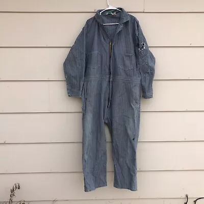 Vtg KEY Coveralls Blue Herringbone Railroad Mechanic Striped 48 Short Distressed • $25