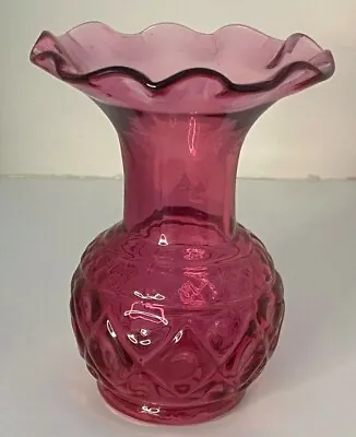 Fenton Bud Vase Red Cranberry Diamond Optic Hand Blown Ruffled Edge • $19