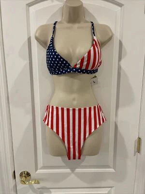 £19.14 • Buy Flag Stars Stripes Red White Blue 2Pc Bikini Set Size L  Spagetti High Cut
