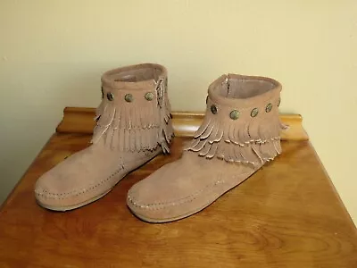 MINNETONKA Ankle Boots Moccasins SIZE 7 Golden Brown Suede Leather Zip Fringe • $12.99