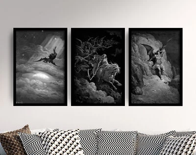 £56.50 • Buy Gustave Dore - Set Of 3 Paintings - Satan Descends Poster Art Print Fall Of