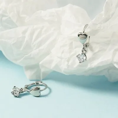 Shiny 925 Sterling Silver Heart Hanging CZ Hoop Huggie Earrings Women Girl Gift • £3.49