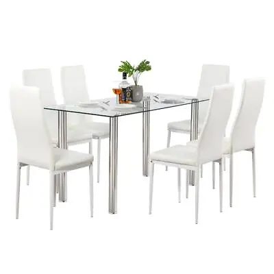 7Pcs Dining Table Set Glass Table + 6 PU Chairs For Kitchen Living Room • $207.99