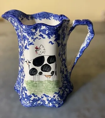 Cow Country Decor Pitcher Molly Dallas Blue Spatterware Ohio 7” Handpainted Mint • $25