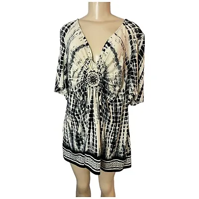 ECI New York Blouse Black/Ivory Tie Dye Embroidered Beaded Flare Sleeve XXL • $18.50