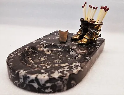 Antique Brass Boots Match Holder With Bootjack Striker On Black Marble Tray • $150