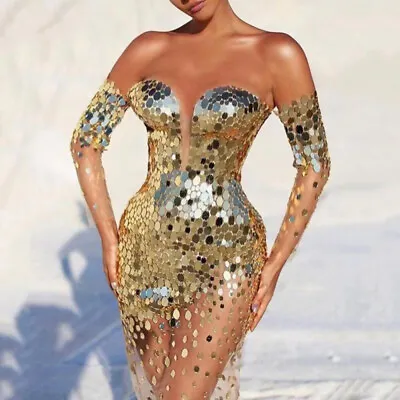 $39.09 • Buy Womens Sexy Deep V Neck Bodycon Mini Dress Sequins Party Club Cocktail Ball Gown