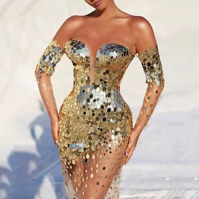 $39.09 • Buy Womens Sexy Deep V Neck Bodycon Mini Dress Sequins Party Club Cocktail Ball Gown