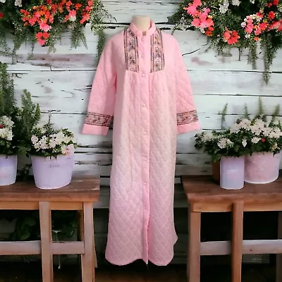 Vintage Lane Bryant Quilted Robe Housecoat Puffer Pink Embroidered 70s MuuMuu • $110.49