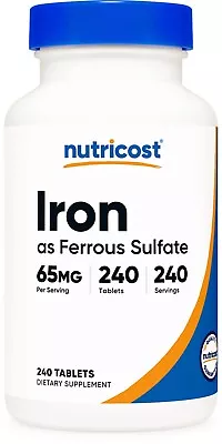 Nutricost Iron (As Ferrous Sulfate) 65mg 240 Tablets - Non-GMO Gluten Free • $13.95