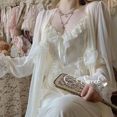 Lace Vintage Nightgown French Court Ultra-thin Nightdress Dressing Gown V Neck • $34.03