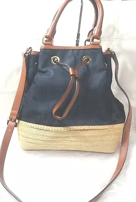 Michael Kors Bag Denim Blue Drawstring Straw Bucket Top Handle Crossbody  • $101.15